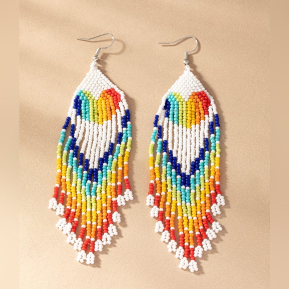 White rainbow heart drop tassel seed bead fashion style earrings